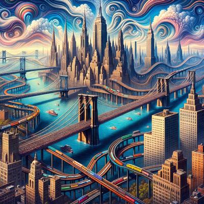 The primary subject of the image is a futuristic cityscape with a large bridge and a train crossing it. The setting is a city with a skyline, and the visual style is a combination of digital art and illustration. The colors and mood of the image are vibrant and energetic, with a sense of motion and excitement.
